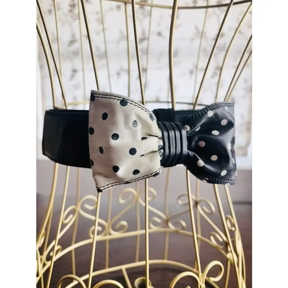 Vintage Neiman Marcus Italy Navy Polka Dot Bow Leather Belt Size 32